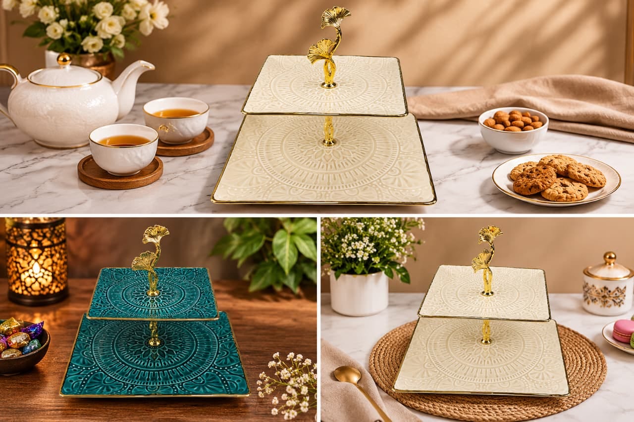 2 Tier Serving Tray with Ginkgo Leaf Stand