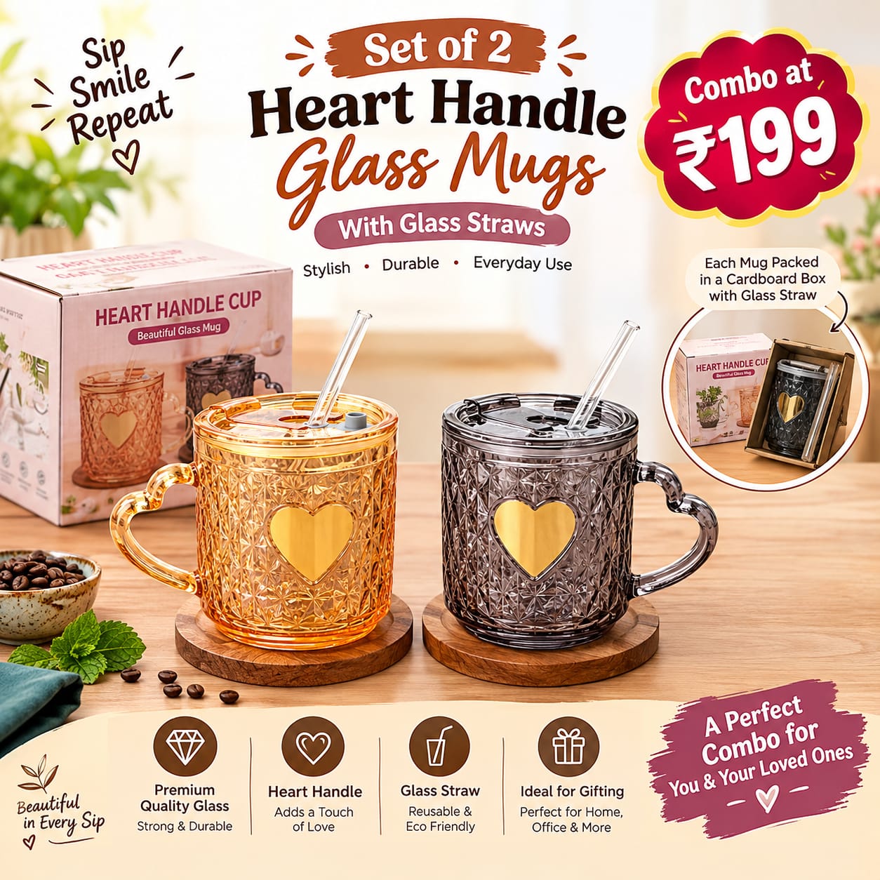 Double Cheers Combo - 2 Pcs of Heart Handle Glass Mugs