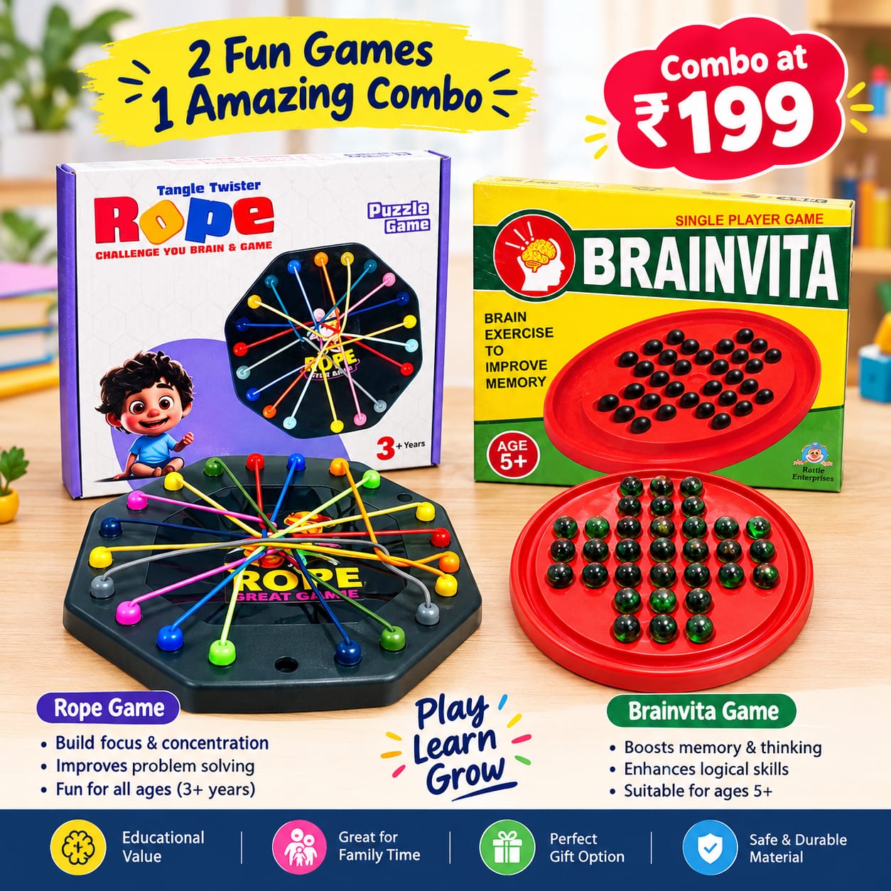 Double Fun Combo - 1 Pcs Each of Rope Game and Brainvita Game