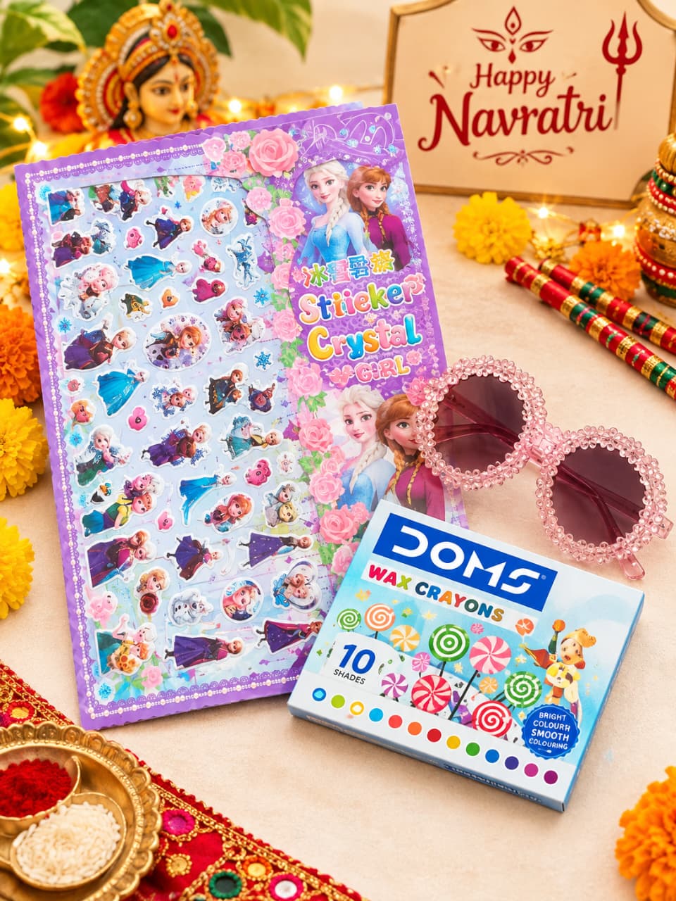 Fun & Style Combo - 1 Pcs Each of Crystal Stickers, Crayons, and Stylish Sunglasses