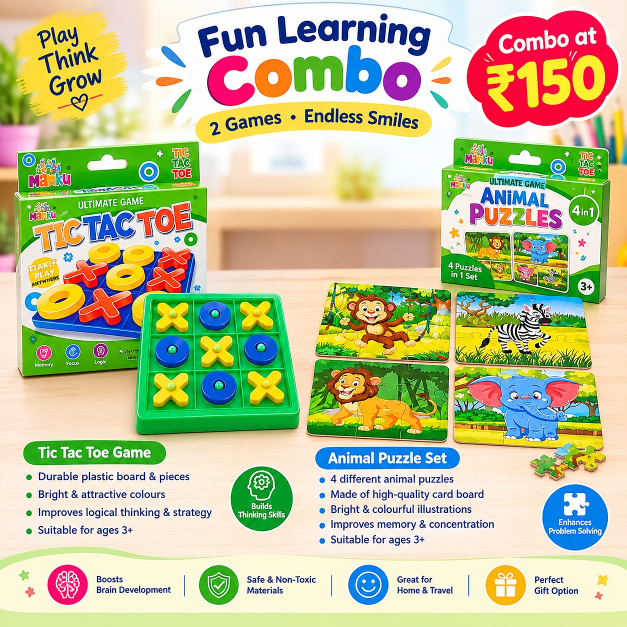 Fun and Learning Combo - 1 Pcs Each Tic Tac Toe and 4 Puzzle Pack