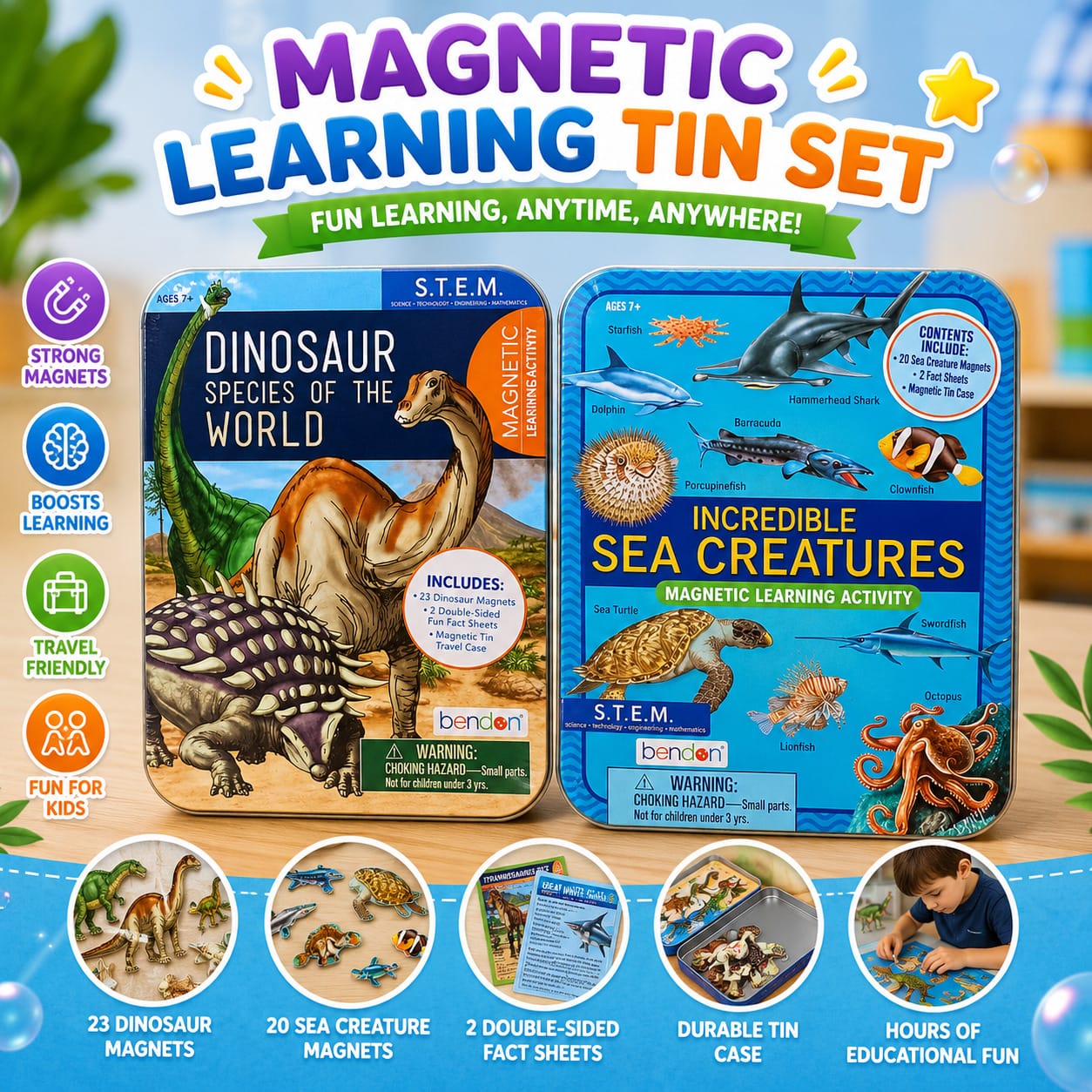Bendon Educational Learning Game Tin - Dinosaur, Skeleton, Sea Creatures (Magnetic Puzzle)