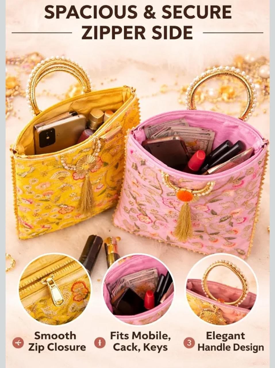 Gift Bags with Zip Closure & Gold Ring Handle