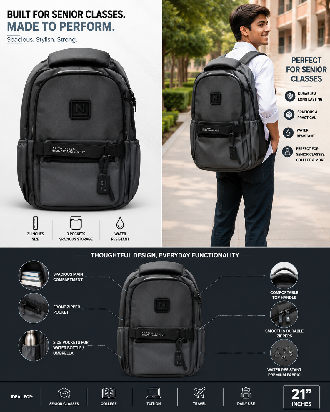 Dark Grey Big Size School Bag