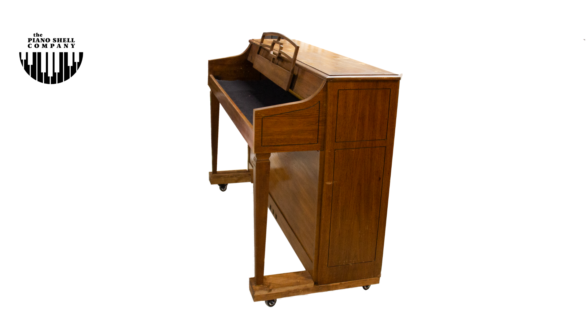 An upright piano shell prepared for the stage, studio or home