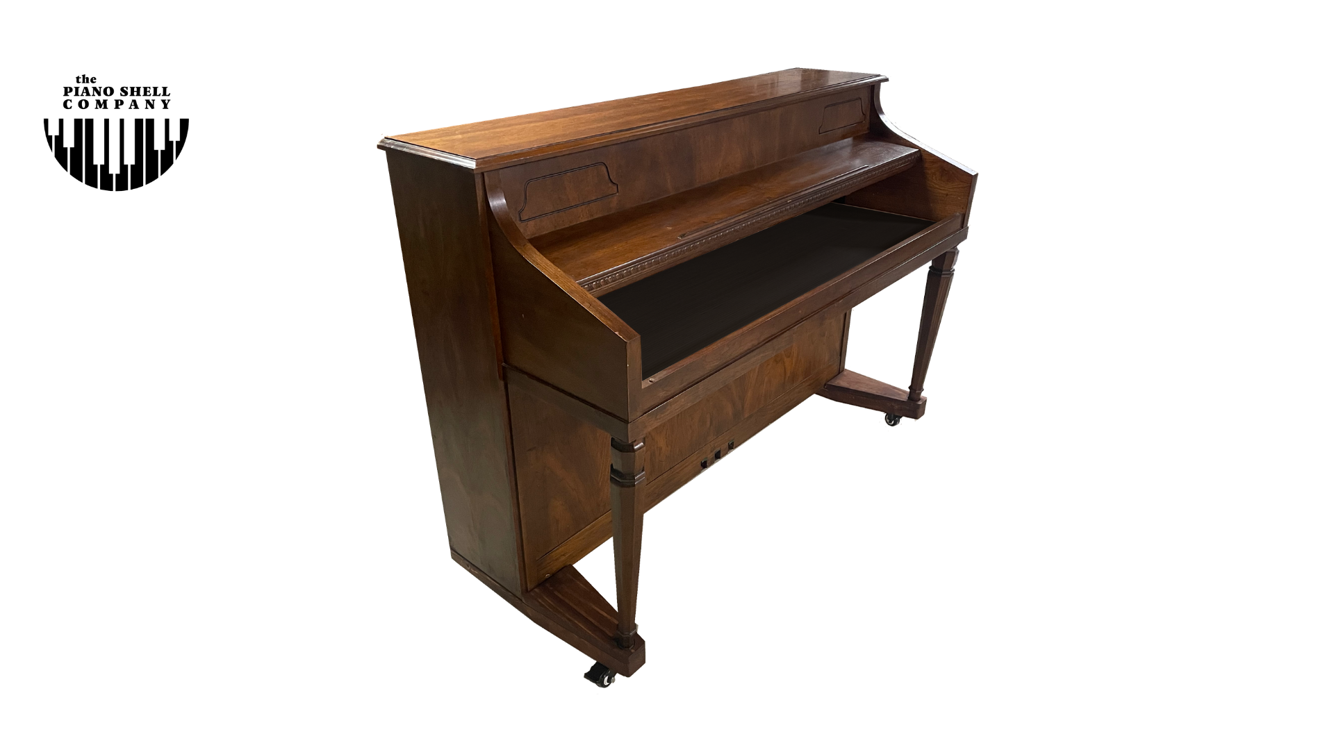 An upright piano shell prepared for the stage, studio or home