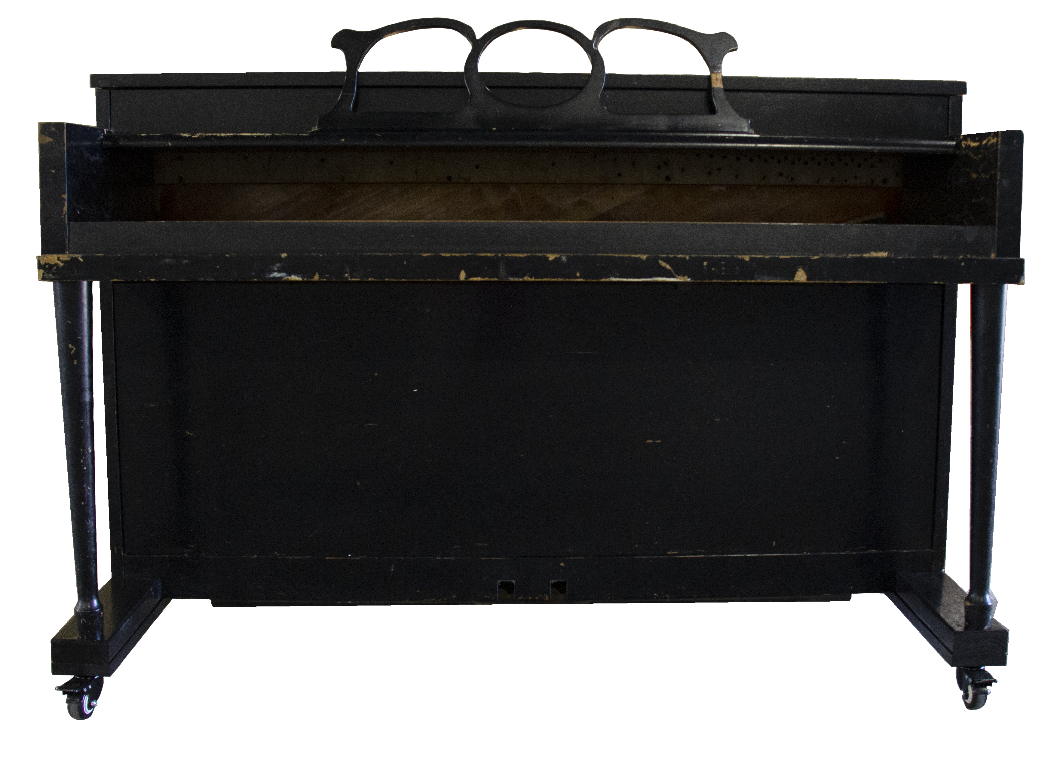 An upright piano shell prepared for the stage, studio or home