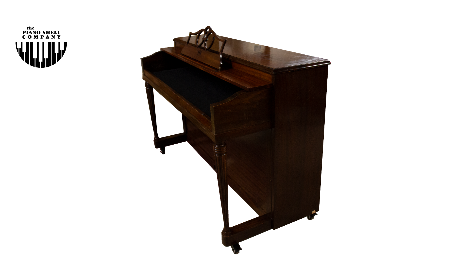 An upright piano shell prepared for the stage, studio or home