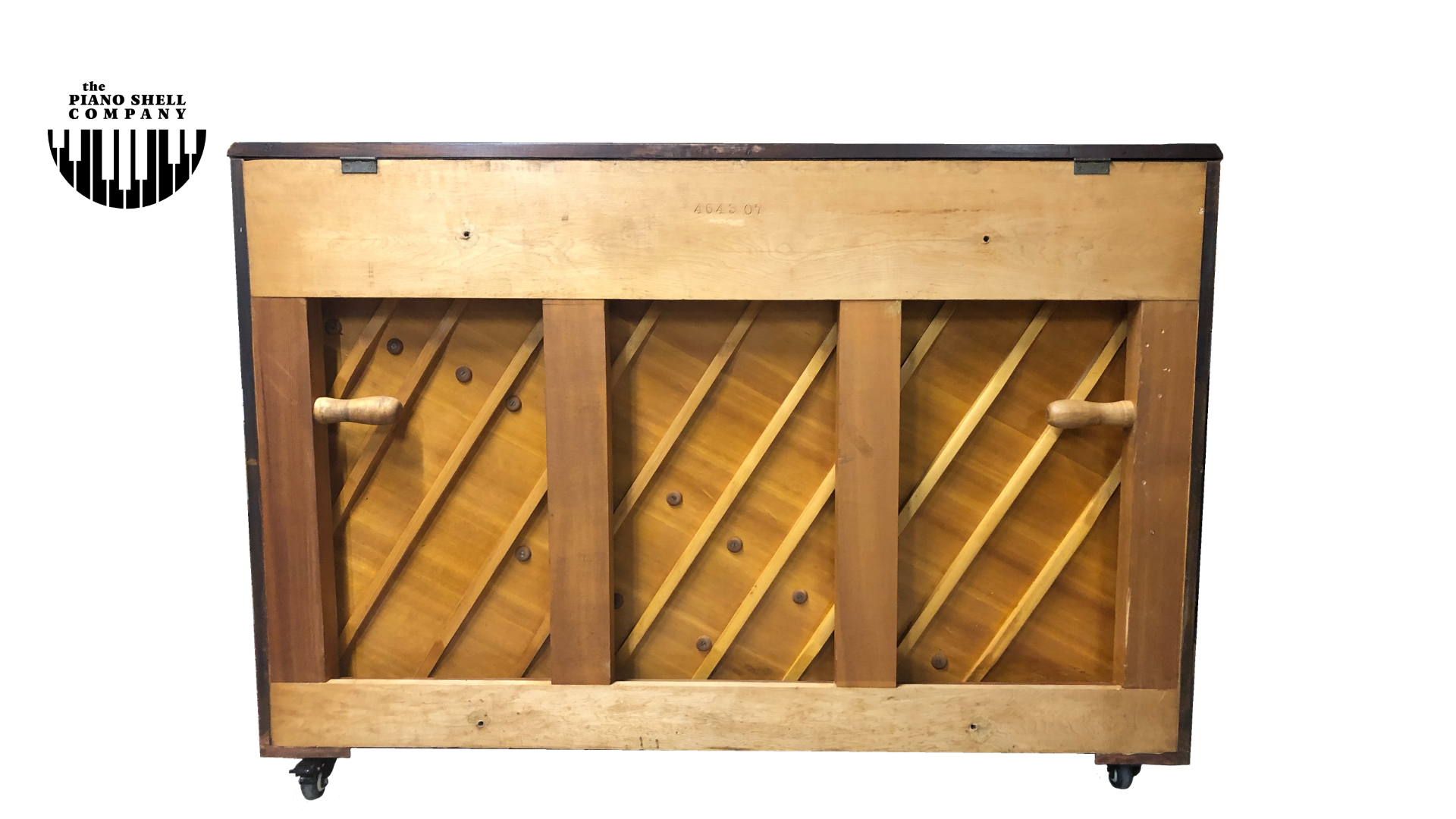 An upright piano shell prepared for the stage, studio or home