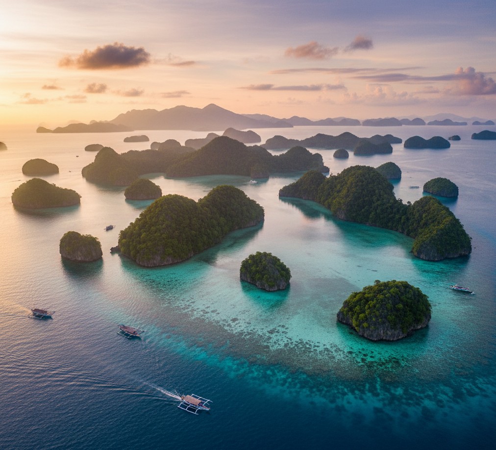 Stunning aerial view of the Raja Ampat archipelago with turquoise waters and lush green islands.