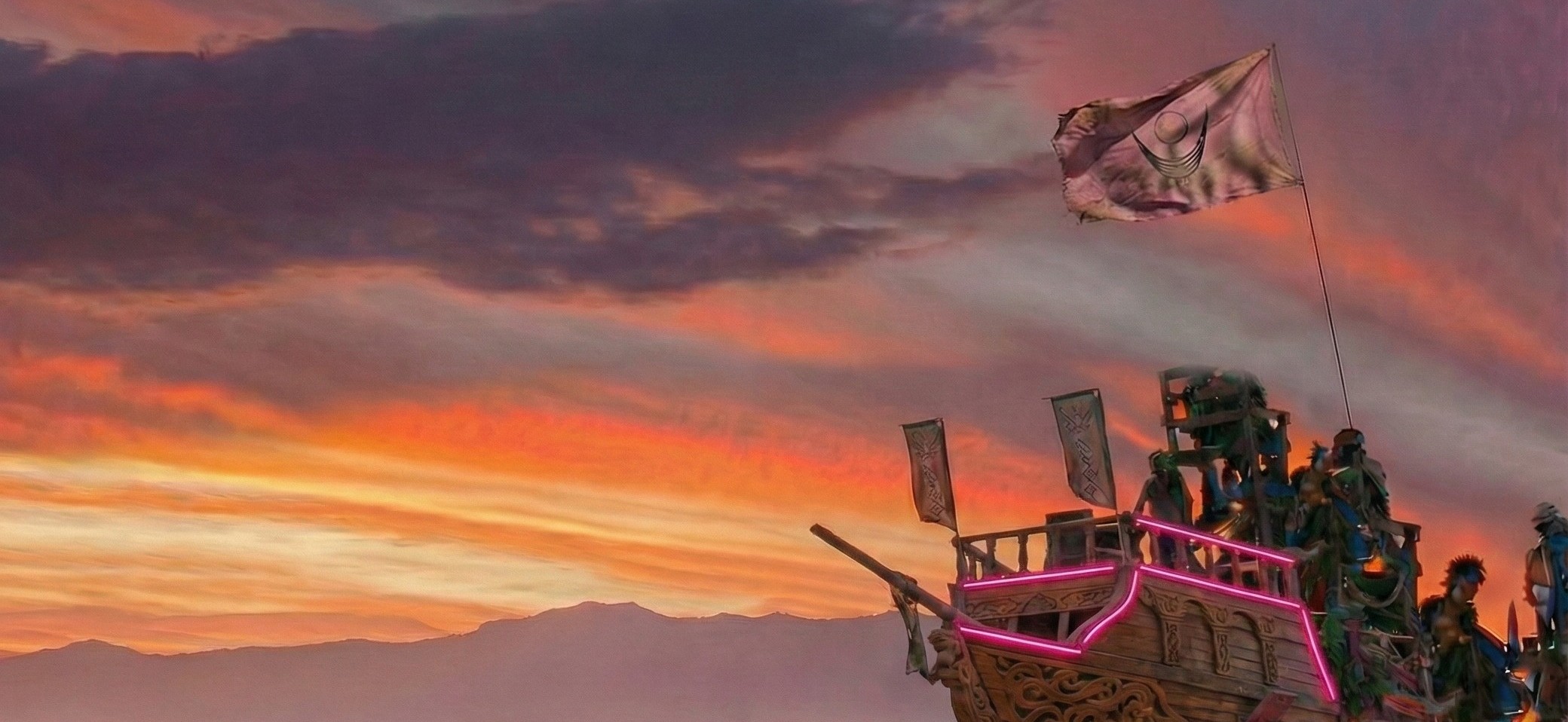 A vibrant gathering of people on a boat with a flag, symbolizing a collective journey.