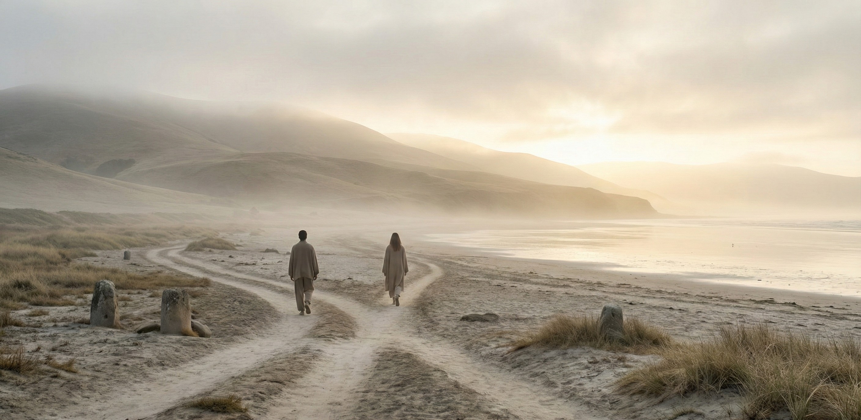 Two people collaborating in a beautiful, natural setting.