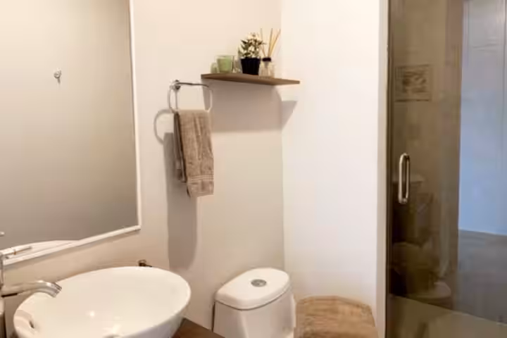 Bathroom with a vessel sink, toilet, and glass shower.
