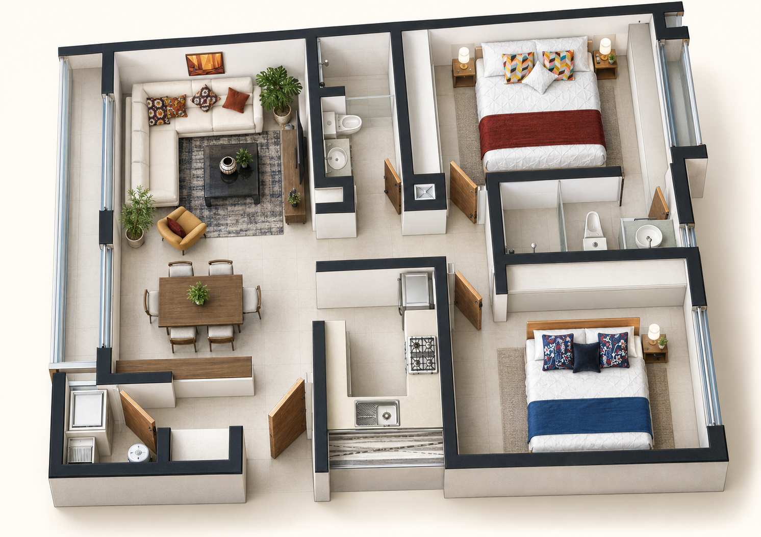 Top-down 3D floor plan showing the rooms, beds, and living area.