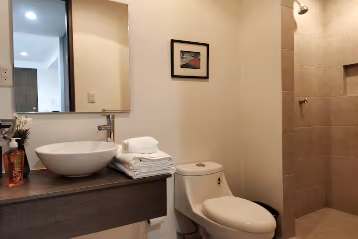 Bathroom with a vessel sink, toilet, and tiled shower.