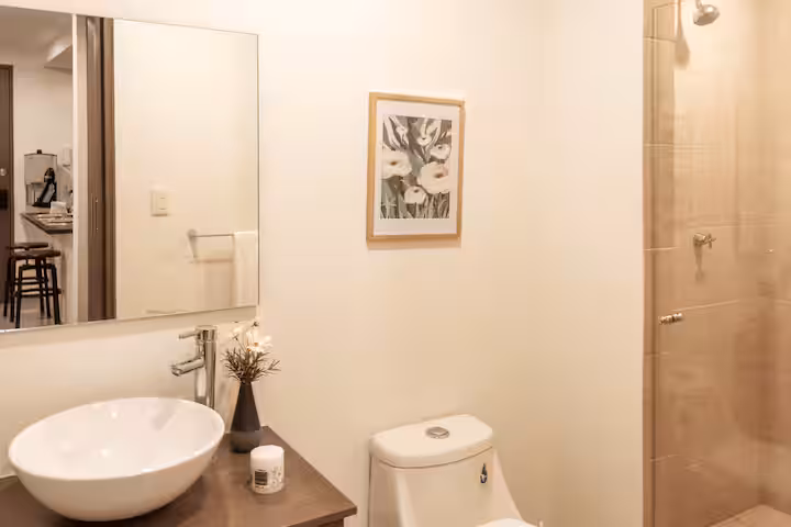 Bathroom with a vessel sink, toilet, and tiled shower.