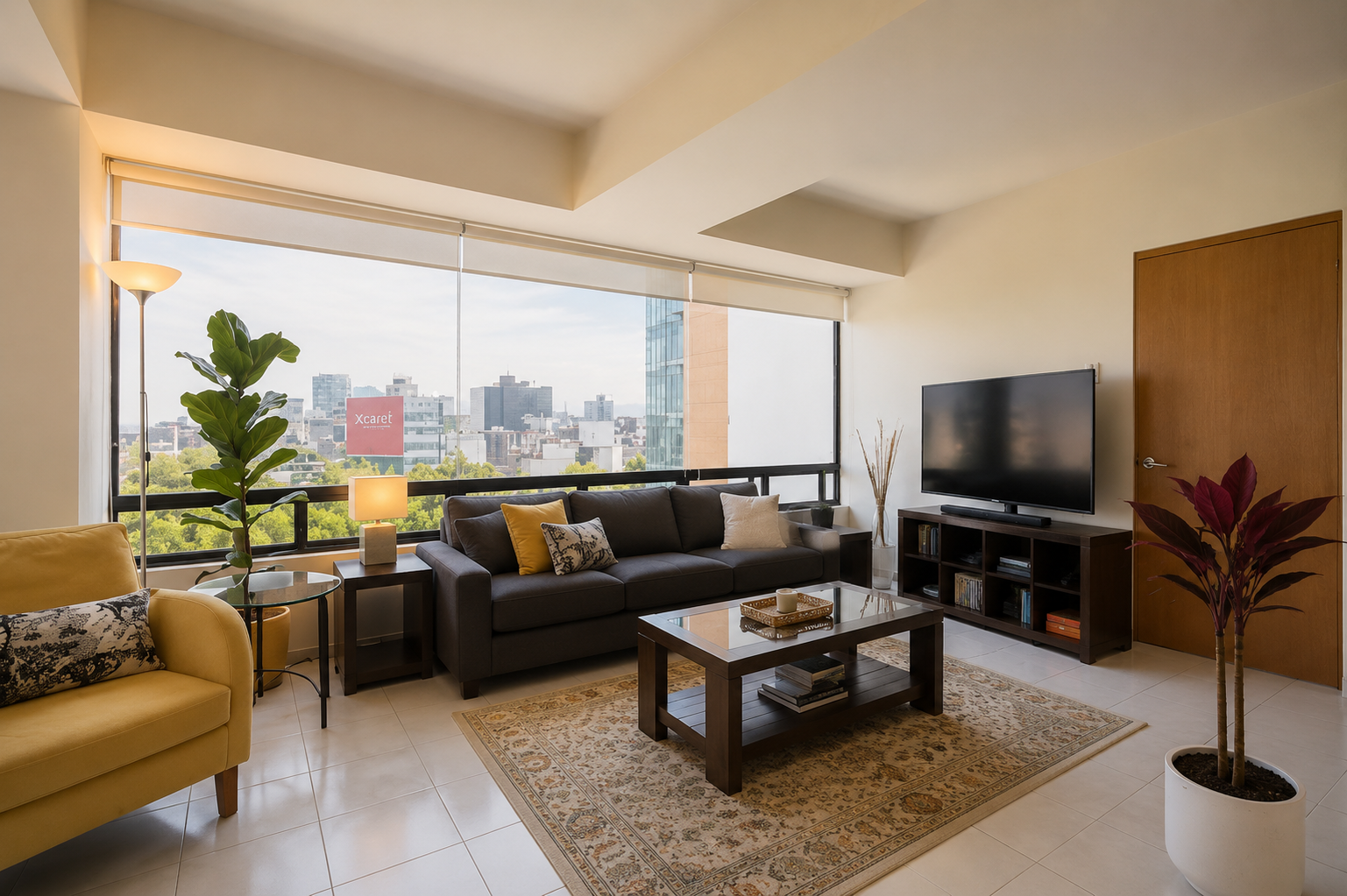 Living room with a sofa, armchair, TV, and wide city-facing windows.