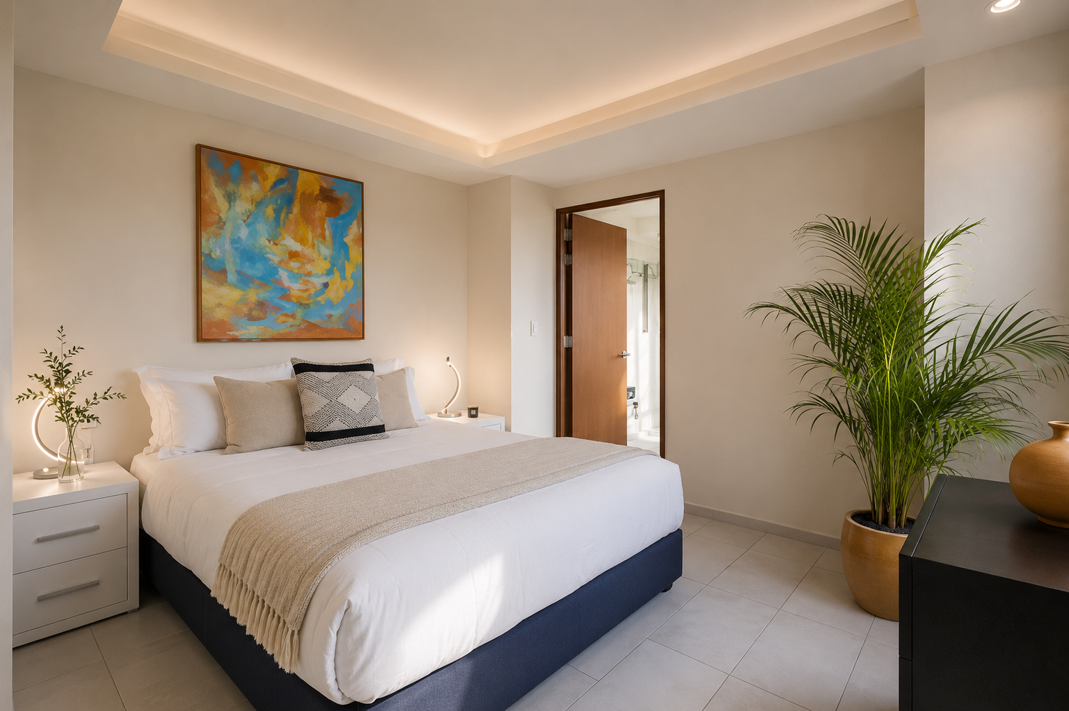Bedroom with a bed, bedside tables, wall art, and potted plant.