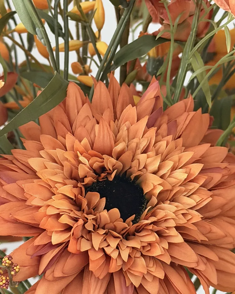 Close-up van een grote terracotta dahlia met donkere kern.