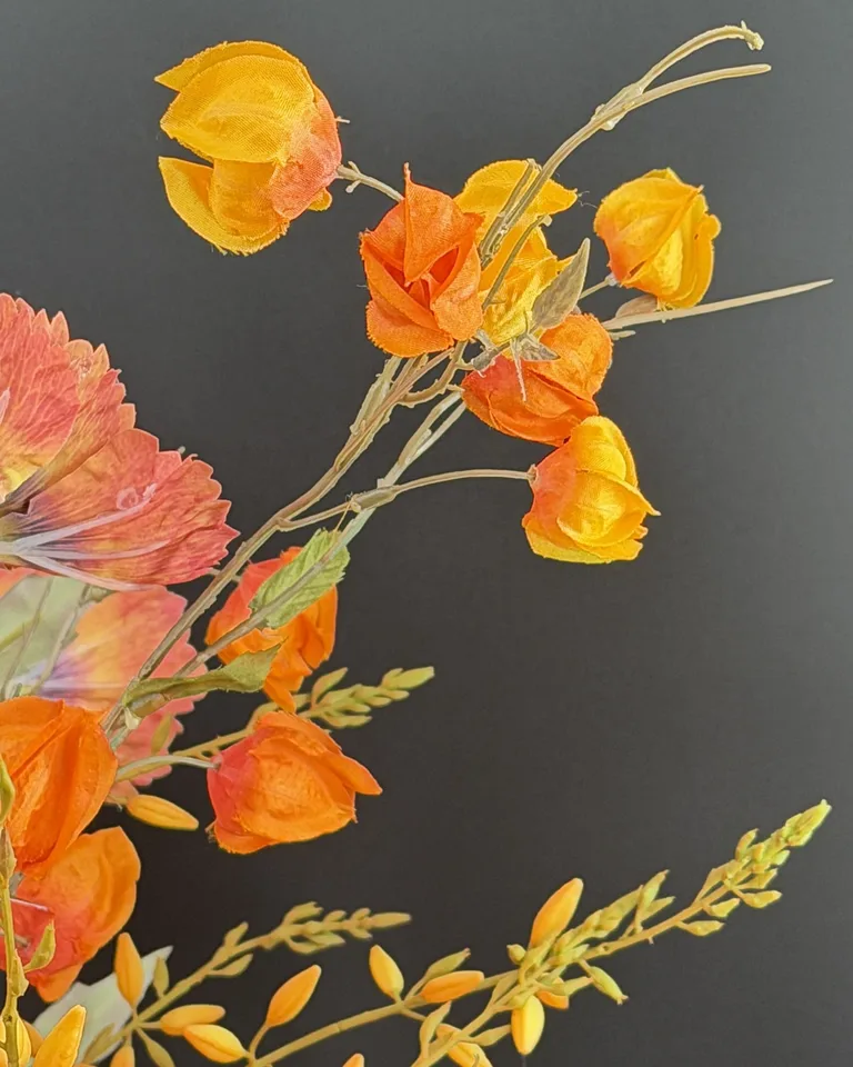 Detail van oranje bloemen en fijne groene structuren in Calista