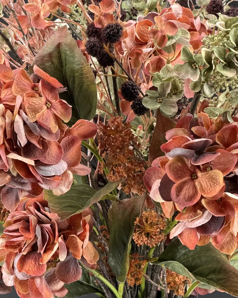 Detail van Sienna met een oranje hortensia en groene bloemstructuren.