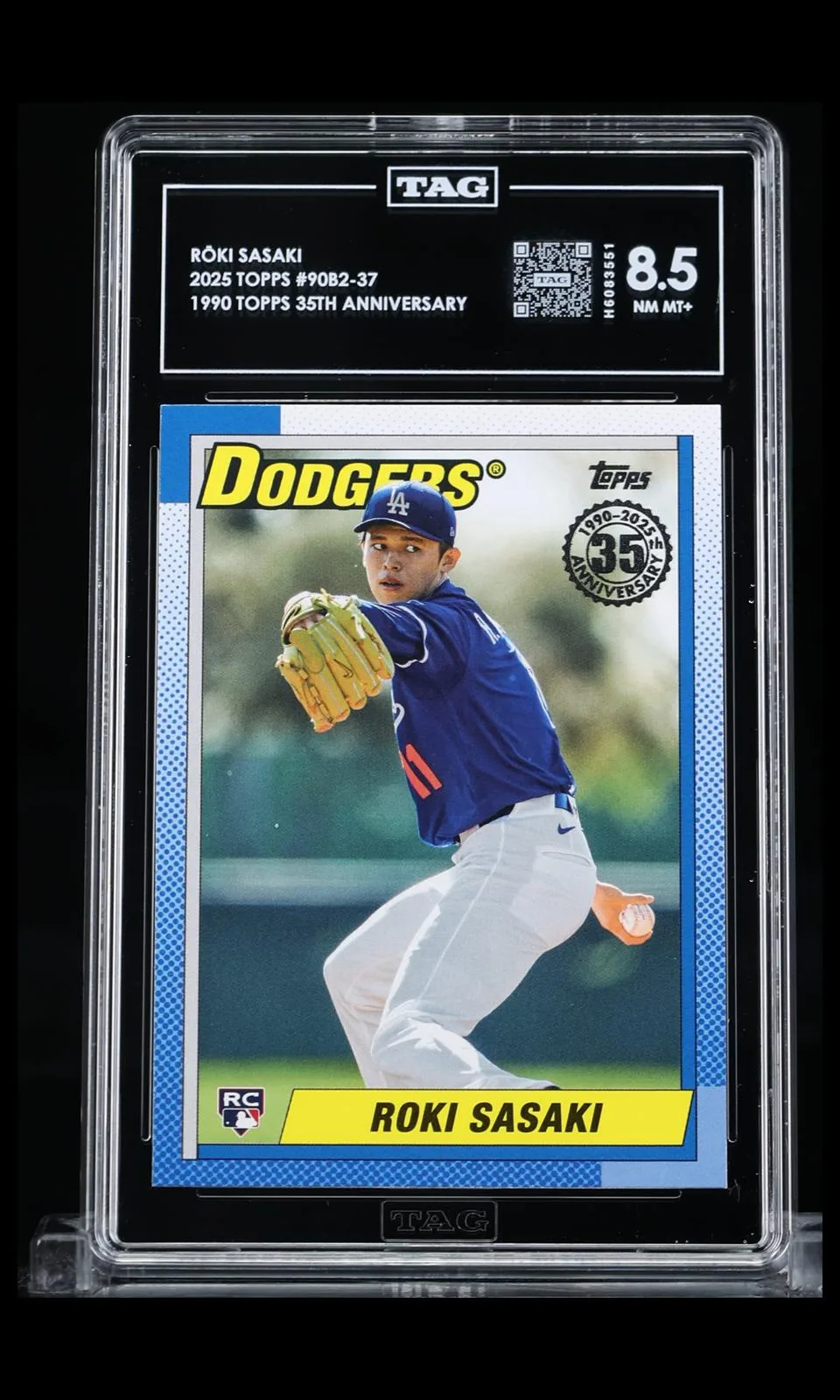 2025 Topps 1990 Topps 35th Anniversary #90B2-37 — Rōki Sasaki — Rookie — TAG 8.5 NM MT+