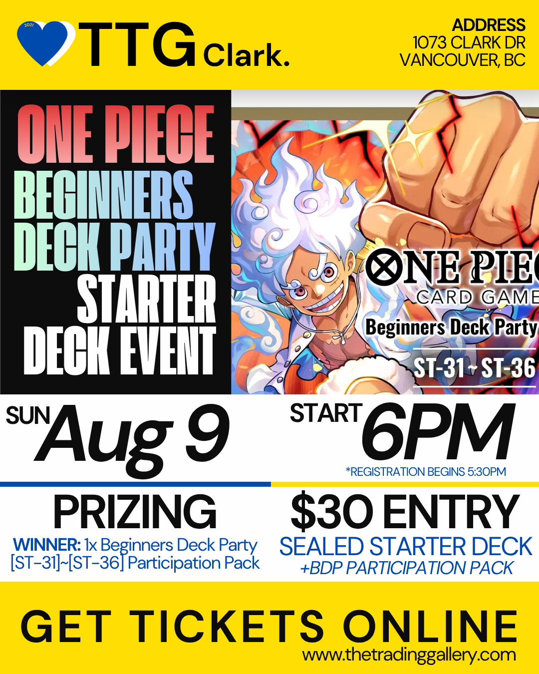 One Piece Beginners Deck Party 2026 [ST-31]~[ST-36] CLARK | Sunday August 9th, 2026 | 6:00PM)