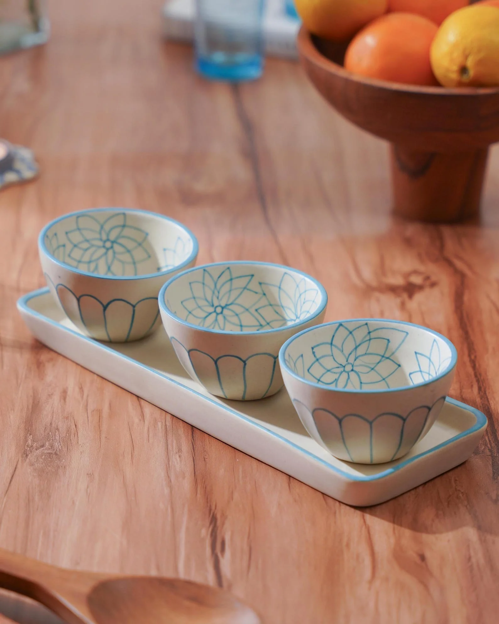 Hand-Painted Stoneware 3-Bowl Serving Set: Blue Floral Tray — Etsy