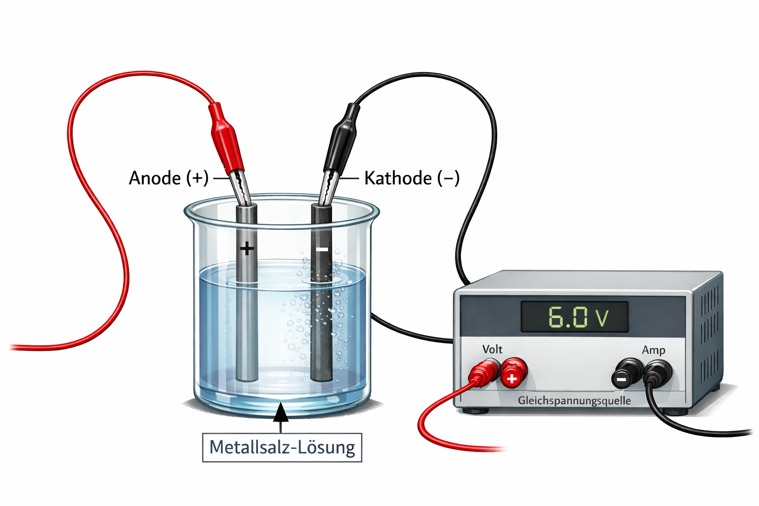 Das Bild zeigt ein Experiment zur Elektrolyse, bestehend aus einem Becherglas, einer Gleichspannungsquelle und zwei Elektroden. Das Becherglas ist mit einer Metall-Salz-Lösung gefüllt. Im Becherglas befinden sich zwei Elektroden: die Anode (+), die mit einem roten Kabel verbunden ist, und die Kathode (-), die mit einem schwarzen Kabel verbunden ist. Beide Elektroden sind teilweise in die Lösung eingetaucht.

Die Elektroden sind oben mit den Kabeln an eine Gleichspannungsquelle angeschlossen. Die Spannungsquelle zeigt eine Spannung von 6,0 Volt an. Auf der Front der Spannungsquelle gibt es Anschlüsse für Volt und Ampere, wobei die positiven Anschlüsse rot und die negativen schwarz sind. Auf den Elektroden sind zusätzlich die Symbole "+" und "-" abgebildet, um die Polarität anzuzeigen.