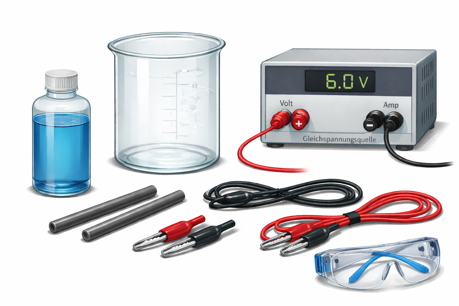 Auf dem Bild sind verschiedene Laborgeräte und Zubehör abgebildet, die für einen elektrochemischen Versuch genutzt werden könnten. Links befindet sich eine Flasche mit blauer Flüssigkeit. Daneben steht ein durchsichtiger Messbecher. Rechts davon ist eine Gleichspannungsquelle mit einem digitalen Display, das 6,0 Volt anzeigt. Vor der Spannungsquelle befinden sich zwei Elektrodenklemmen in Rot und Schwarz, die mit einem Kabel verbunden sind. Außerdem sieht man zwei schwarze Graphitstäbe, die als Elektroden verwendet werden können. Im unteren rechten Teil des Bildes liegt eine Schutzbrille, die blau gestaltet ist, und darauf zwei Krokodilklemmen mit Kabeln, eines in Rot und eines in Schwarz. Dieses Set von Geräten scheint für elektrochemische Experimente ausgelegt zu sein.