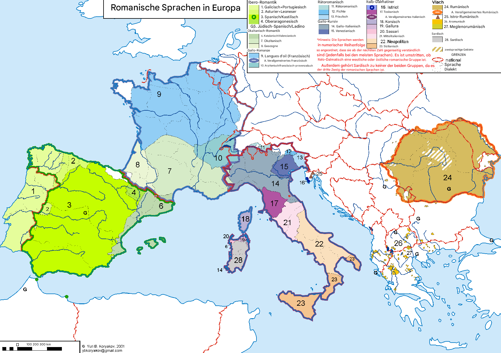 This is a map showing the distribution of Romance languages in Europe. The map outlines various regions where different Romance languages and dialects are spoken. Here are the key areas:

- **Ibero-Romance**: Includes Galician-Portuguese, Asturian-Leonese, Spanish/Castilian, Upper Aragonese, and Judeo-Spanish/Ladino.
- **Occitano-Romance**: Encompasses Catalan/Valencian, Occitan, and Gascon.
- **Gallo-Romance**: Contains languages like Langues d'oïl (French), Generalized French, and Arpitan/Franco-Provençal.
- **Rhaeto-Romance**: Features Romansh, Ladin, and Friulian.
- **Gallo-Italian**: Includes Gallo-italic, Venetian, and Istriot.
- **Italo-Dalmatian**: Covers areas like Tuscan, Generalized Italian, Corsican, Neapolitan, and others.
- **Vlach**: Incorporating Romanian, Aromanian, and related dialects.
- **Sardinian**: Uniquely, Sardinian is a branch of its own within the Romance languages.

The map delineates national boundaries with red and shows bilingual areas and dialectal regions. Each numbered area corresponds to specific languages or dialect groups.