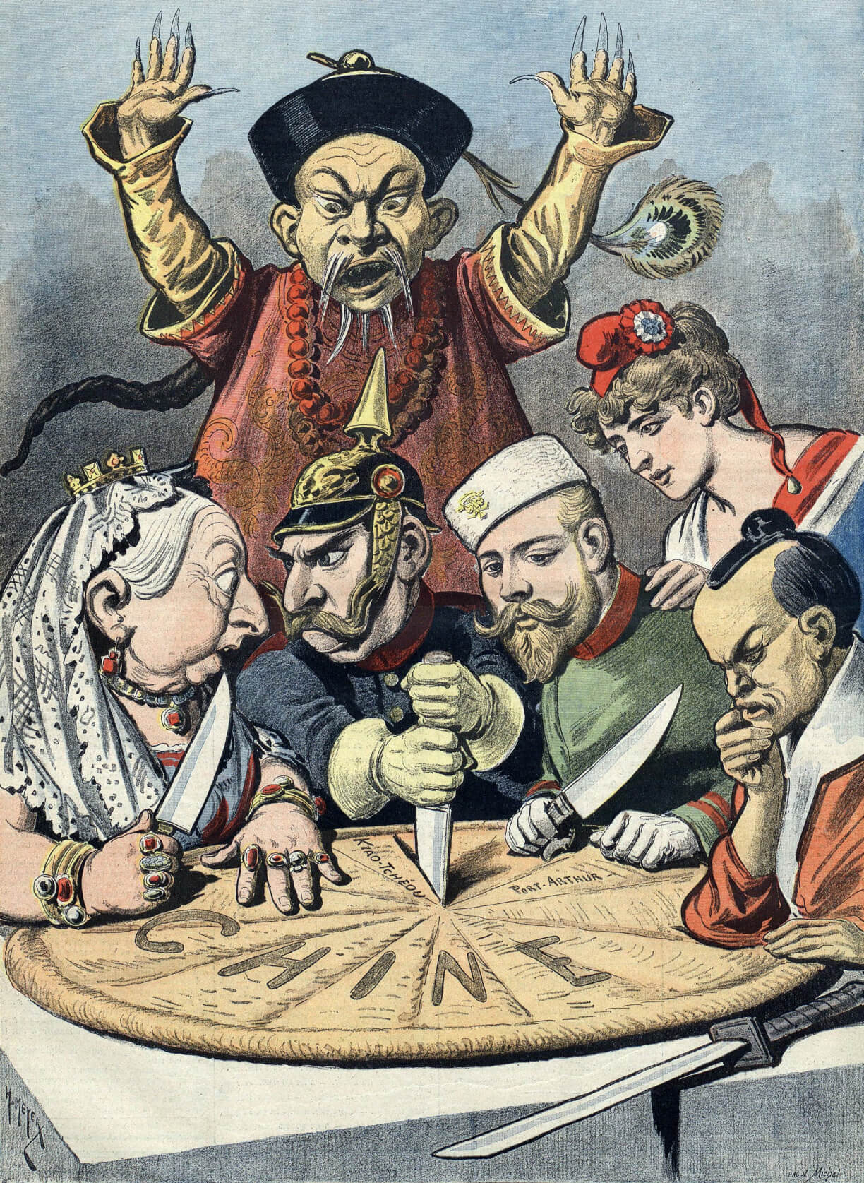 1. The main topic of the cartoon appears to be the imperialist partition of China by foreign powers at the end of the 19th century.

2. The cartoon was published on January 16, 1898, in "Le petit journal" and is titled “En Chine Le gâteau des Rois et... des Empereurs” by Henri Meyer.

3. Henri Meyer was the cartoonist who created this image. He worked for "Le petit journal," which was a French daily newspaper that pioneered the use of illustrations, especially in the realm of political cartoons. Meyer was known for his caricatures depicting political and social themes of the day.

4. "Le petit journal" catered to a wide audience and was designed to be accessible to the general public, which often meant that it leaned towards more sensational stories and illustrations. Identifying its precise political orientation can be challenging as it covered a broad spectrum of stories. However, during the time of the cartoon’s publication, "Le petit journal" was seen as generally conservative and nationalistic in its orientation.

5. Describe the details of the caricature:

**Category 1:**

- In the foreground of the cartoon, we see a large pie labeled "Chine" (China) suggesting that the land and resources of China are being divided like a pie among different entities.
- Surrounding the pie, there are various figures that represent different national powers, their attire and insignia indicative of their respective countries. The individuals are wielding knives, ready to cut into the pie, signifying the slicing up of Chinese territory for their own interests.
- The figure to the left wearing a crown is indicative of the British monarchy, illustrating Great Britain’s interest in China.
- The soldier in the center with a mustache represents Germany, as suggested by his distinct Pickelhaube helmet and military uniform.
- The figure on the right who is holding a knife wears a sash and military gear that is emblematic of France.
- The man on the far right, closest to us, characterized by his glasses, traditional Qing-era queue hairstyle, and Asian features, represents China.
- The map/pie has place names written on it, such as "Port Arthur," which was a contested port city during the period of imperial interests in China.

**Category 2:**

- *The figure behind the British monarch could be indicative of another European power involved in the exploitation of China, possibly Russia, given the facial hair and hat which resemble the Russian imperial style of that era.*
- *The figure wielding a fan behind the Chinese character is also intricately dressed, potentially personifying the ruling Qing dynasty, raising his hand in a gesture of distress or protest.*
- *The facial expressions of the imperial powers are intent and serious, showcasing their determined approach to dividing China, while the Chinese man's expression seems more resigned and despondent, perhaps expressing China's weakened position and inability to resist the carve-up.*
- *The use of color in the cartoon is quite vivid, with the characters dressed in bright attire, contrasting with the grey backdrop, possibly to draw more attention to them and their actions.*
- The shading and intricate details in the clothing suggest the opulence and power of the Western figures, while the Chinese figure is drawn with a more simplistic style, perhaps to emphasize the perceived imbalance of power.

The overall composition of the image, with its dramatic personifications and vivid use of caricatures, clearly communicates the theme of European and Japanese imperial ambitions in China. The exaggerated features and attire serve as a satirical representation of the political situation and the attitudes of the involved nations.