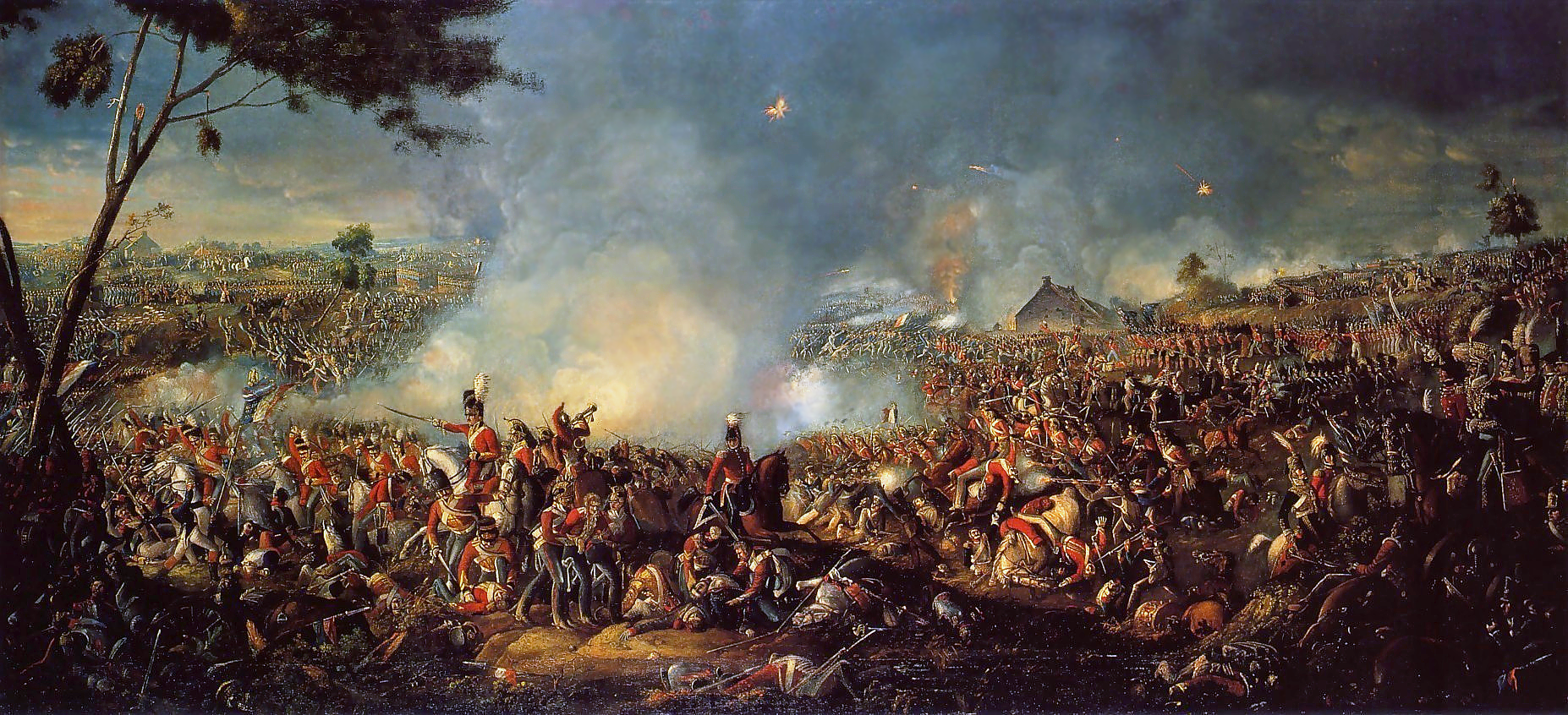 1. **Welches Ereignis ist dargestellt?**
   Das Gemälde zeigt die Schlacht bei Waterloo, die am 18. Juni 1815 stattfand. Dies war die letzte Schlacht Napoleons, die mit seiner endgültigen Niederlage endete.

2. **An welchem Ort spielt sich das Geschehen ab? Hat er eine symbolische Bedeutung?**
   Die Schlacht fand in der Nähe von Waterloo in Belgien statt. Der Ort symbolisiert das Ende der napoleonischen Kriege und das Zurückdrängen von Napoleons Macht.

3. **Welche Personen sind zu sehen? Welche stehen im Mittelpunkt?**
   Das Bild zeigt Soldaten in verschiedenen Uniformen. Im Mittelpunkt stehen die britischen Truppen, zu erkennen an den roten Uniformen. Spezielle historische Persönlichkeiten sind nicht klar identifizierbar.

4. **Wer hat das Bild gemalt?**
   Der Maler ist William Sadler.

5. **Wer hat es in Auftrag gegeben?**
   Informationen über einen spezifischen Auftraggeber sind nicht bekannt.

6. **Für welchen Zweck wurde es geschaffen?**
   Wahrscheinlich wurde das Gemälde erstellt, um den Sieg der Alliierten über Napoleon zu dokumentieren und zu feiern.

7. **Welcher Zeitraum liegt zwischen dem Ereignis und der Entstehung des Bildes?**
   Das Gemälde wurde kurz nach dem Ereignis geschaffen, allerdings ist das genaue Entstehungsdatum nicht immer genau bekannt.

8. **Hat der Maler das Geschehen selbst miterlebt?**
   Es gibt keine Hinweise darauf, dass William Sadler die Schlacht selbst miterlebt hat.

9. **Vergleiche das Bild mit der Wirklichkeit.**
   Historische Berichte und andere Darstellungen zeigen eine ähnliche chaotische und brutale Schlacht, die im Gemälde realistisch wiedergegeben wird. Es gibt aber auch andere Gemälde, die unterschiedliche Perspektiven und Details bieten.

10. **Ziehe gegebenenfalls schriftliche Quellen heran.**
    Berichte von Augenzeugen wie denen von Wellington und Napoleons Memoiren könnten zusätzliche Perspektiven bieten.

11. **Erschließe die Aussage des Bildes.**
    Das Gemälde will den heroischen Kampf der alliierten Truppen und ihre Tapferkeit in der Schlacht darstellen.

12. **Welche Wirkung wollte der Künstler beim Publikum erreichen?**
    Der Künstler wollte wahrscheinlich Stolz und Anerkennung für die beteiligten Truppen und die siegreichen Nationen hervorrufen.

13. **Welche Informationen erhalten wir über das Thema hinaus?**
    Das Gemälde spiegelt die politische und militärische Lage Europas nach den napoleonischen Kriegen wider. Es zeigt auch die Wichtigkeit der taktischen Kriegsführung im frühen 19. Jahrhundert und hatte einen Einfluss auf die nachfolgende europäische Geschichte, indem es die Rückkehr zu konservativeren Ordnungen symbolisiert.