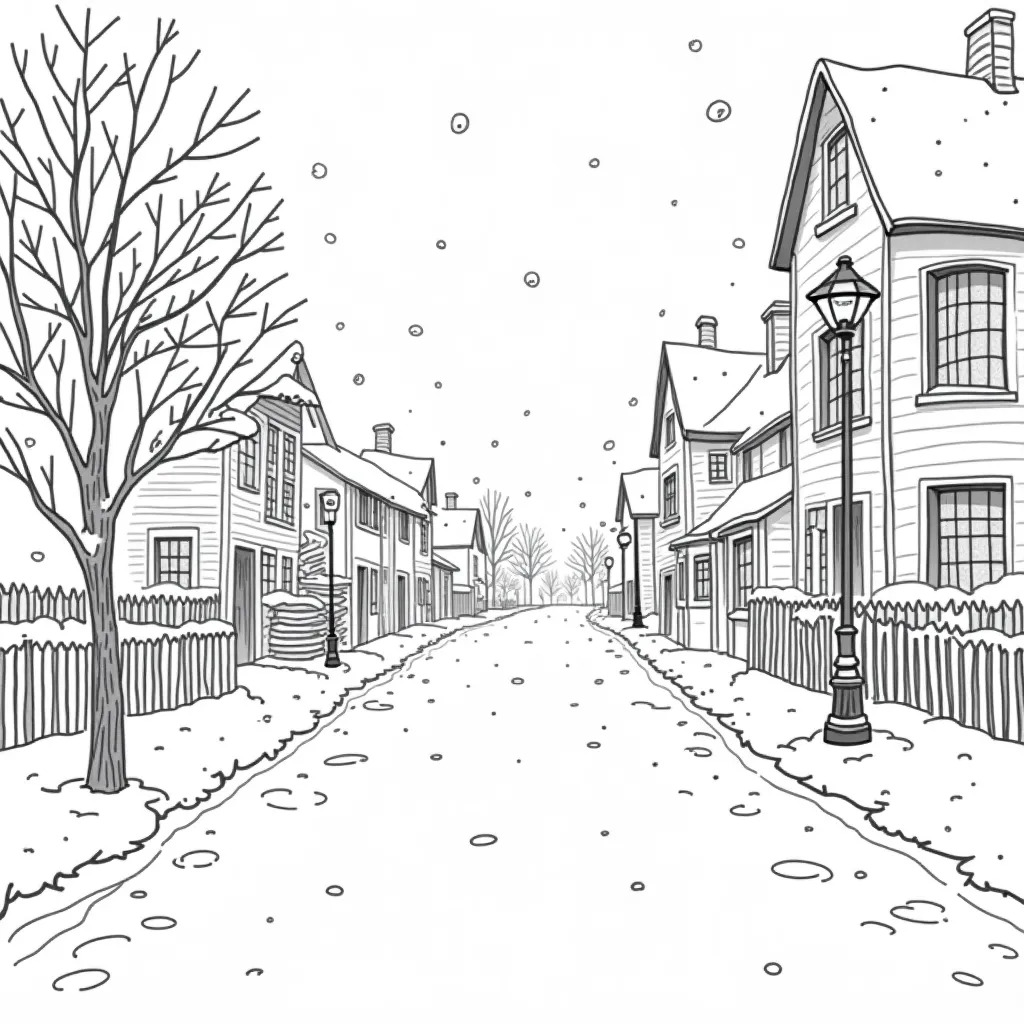 Das Bild zeigt eine Schwarz-Weiß-Zeichnung einer winterlichen Straßenszene. Es scheint ruhig und es gibt keine Menschen oder Fahrzeuge. Auf beiden Seiten der Straße stehen Wohnhäuser mit steilen Giebeldächern und Schornsteinen. Einige Häuser haben Sprossenfenster und die Fassaden weisen unterschiedliche Details auf, wie etwa Verzierungen oder Fensterläden.

Zwischen den Häusern und der Straße verlaufen Holzzäune, die zum Teil von Schnee bedeckt sind. Der Schnee ist auch auf den Dächern der Häuser und auf dem Boden zu sehen. Es sieht so aus, als hätte es kürzlich geschneit, da die Schneedecke unberührt aussieht und Schneeflocken fallen weiterhin leise vom Himmel. Auf der Straße sind Spuren zu erkennen, die von Personen oder Tieren stammen könnten.

Rechts im Bild ist eine Straßenlaterne, die an einen alten Gaslaternenpfahl erinnert, was der Szene einen historischen oder zeitlosen Charakter verleiht. Ein kahler Baum steht am linken Bildrand und ragt mit seinen zahlreichen Ästen in den Himmel. Im Hintergrund zeichnen sich schwach die Umrisse weiterer Häuser und Bäume ab, die im Schneefall verschwimmen.

Insgesamt vermittelt das Bild eine friedliche und stille Atmosphäre. Durch die fehlenden Farben und die feinen Linien der Zeichnung eignet sich das Bild möglicherweise gut als Ausmalbild oder als winterliche Dekoration.