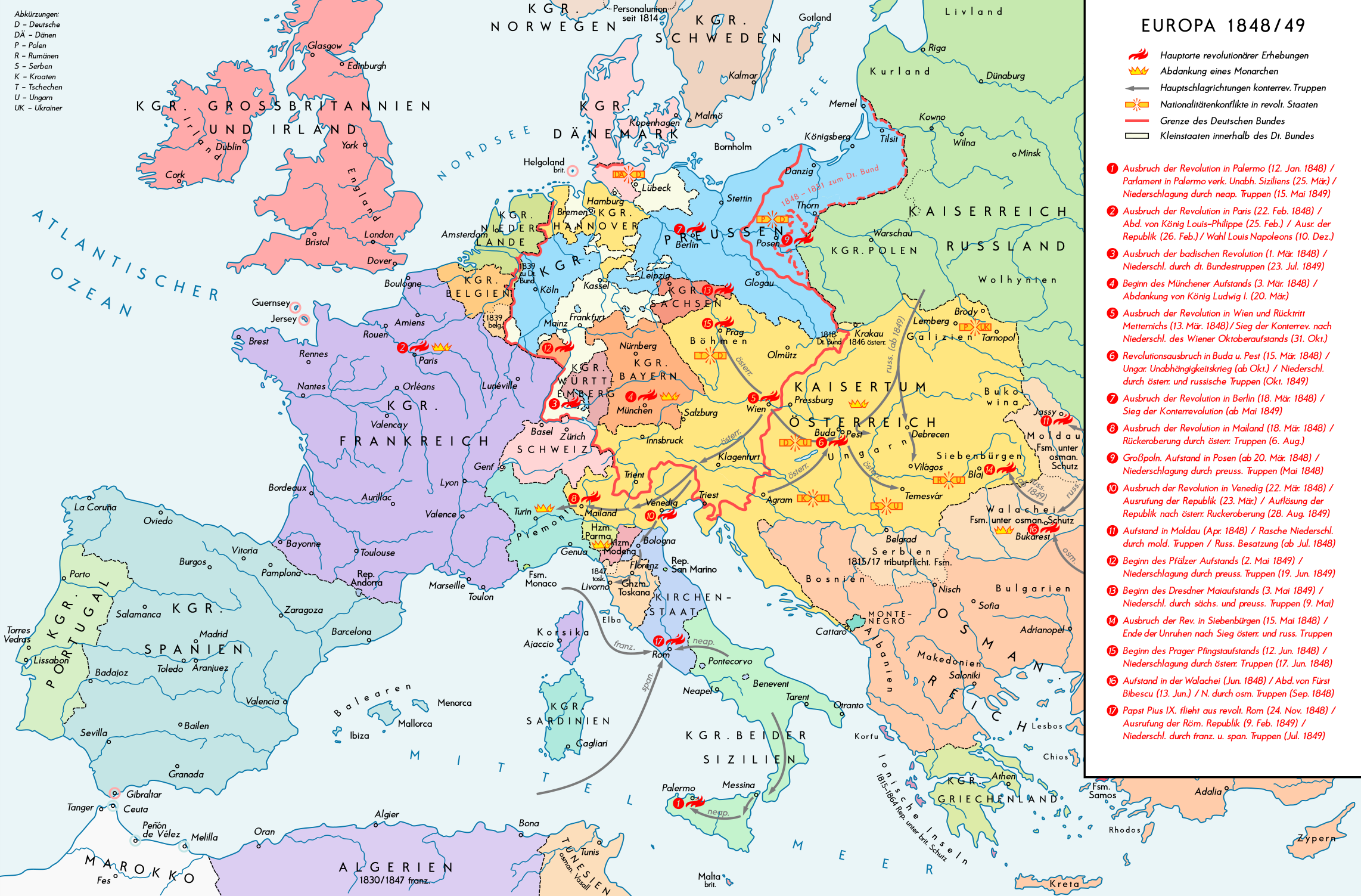 Die Abbildung zeigt eine Karte Europas aus den Jahren 1848/49. Auf der Karte sind verschiedene Länder und Königreiche farblich markiert, darunter das Kaiserreich Österreich, Königreich Preußen, Königreich Bayern, Königreich beider Sizilien, und viele mehr.Es sind revolutionäre Erhebungen und Bewegungen dieser Zeit gekennzeichnet, insbesondere der Hauptzug der Revolutionen, Truppenbewegungen sowie Orte wichtiger revolutionärer Ereignisse, wie in Wien, Mailand, Paris, und Berlin. Es sind auch verschiedene Grenzlinien vorhanden, darunter die Grenze des Deutschen Bundes.Auf der rechten Seite gibt es eine Legende, die die Symbole erklärt, die für die Darstellung von Revolutionen, Monarchien und militärischen Operationen verwendet werden. Die Karte ist detailliert und zeigt sowohl größere als auch kleinere politische Entitäten dieser Zeitperiode.
