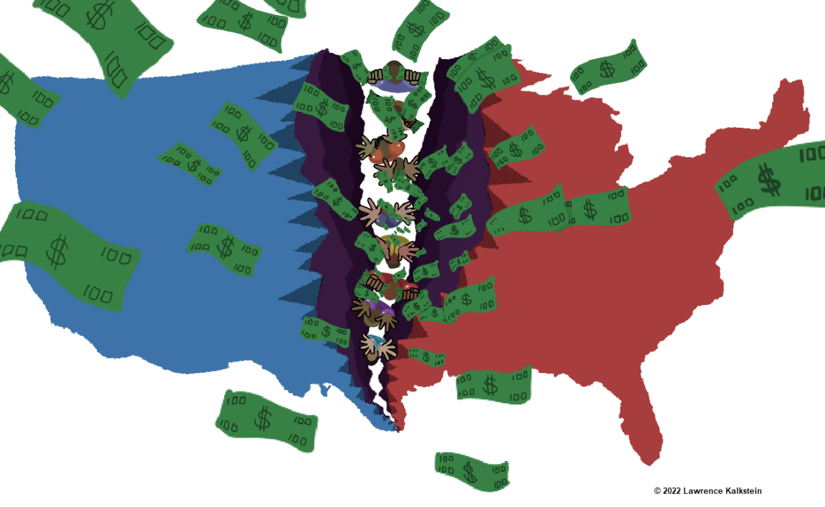 Illustration: a map of the United States torn in two, with dollar bills flying out of the tear