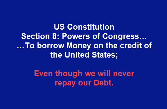 Banner: US Constitution, Article 1, Section 8 — Even though we will never repay our Debt