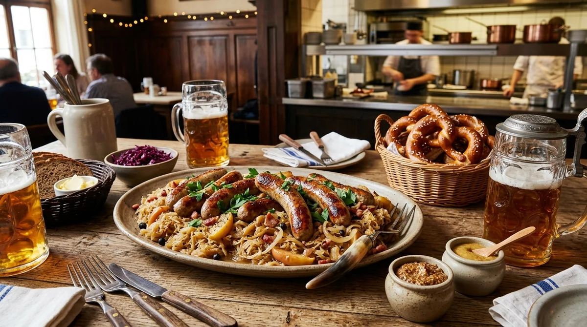 Biergarten Beer-Braised Bratwurst with Apple Sauerkraut