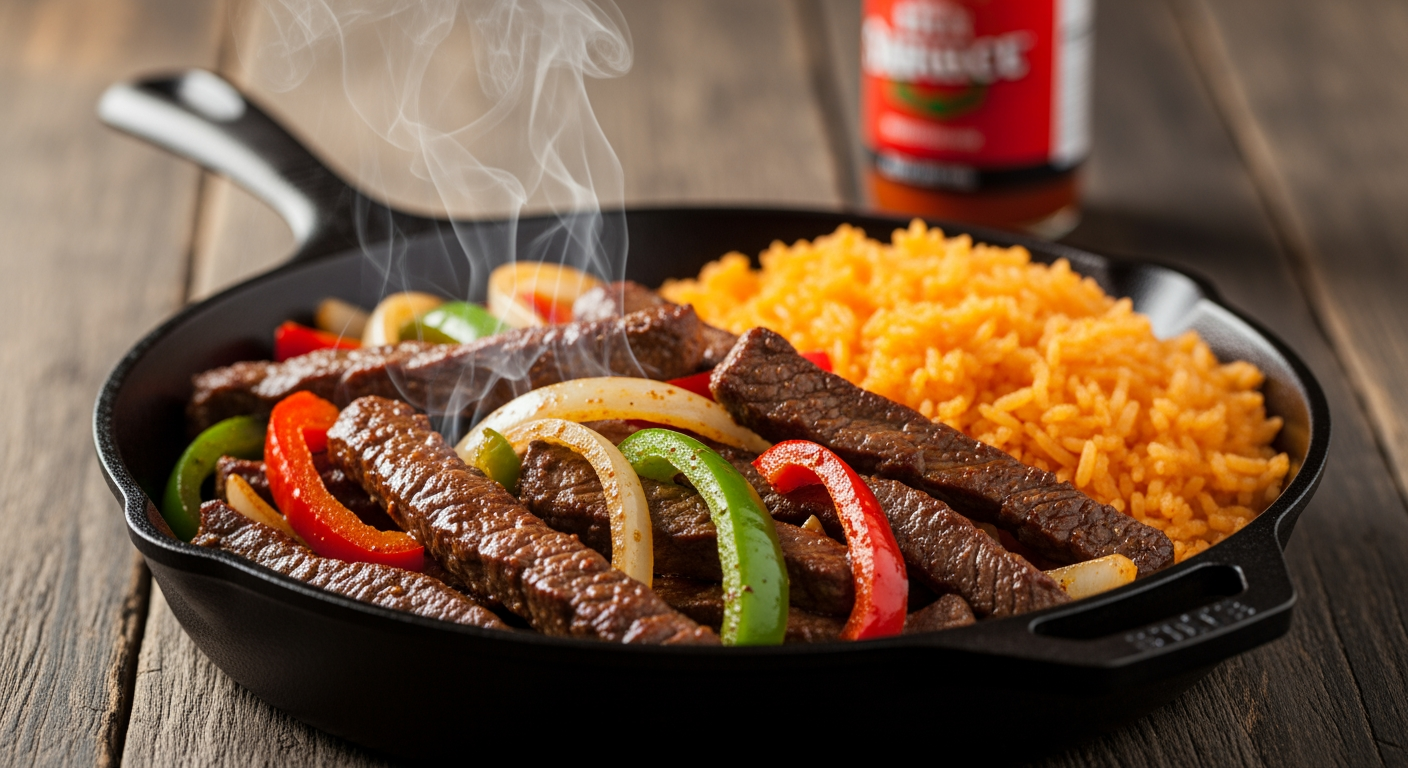 Sizzling Steak Fajitas with Mexican Rice