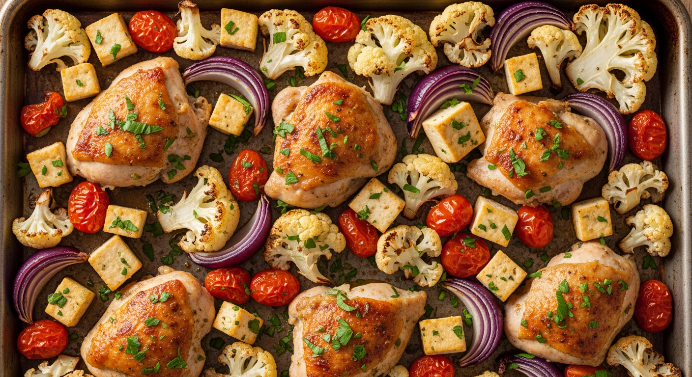 Mediterranean Sheet Pan Chicken, Tofu & Cauliflower
