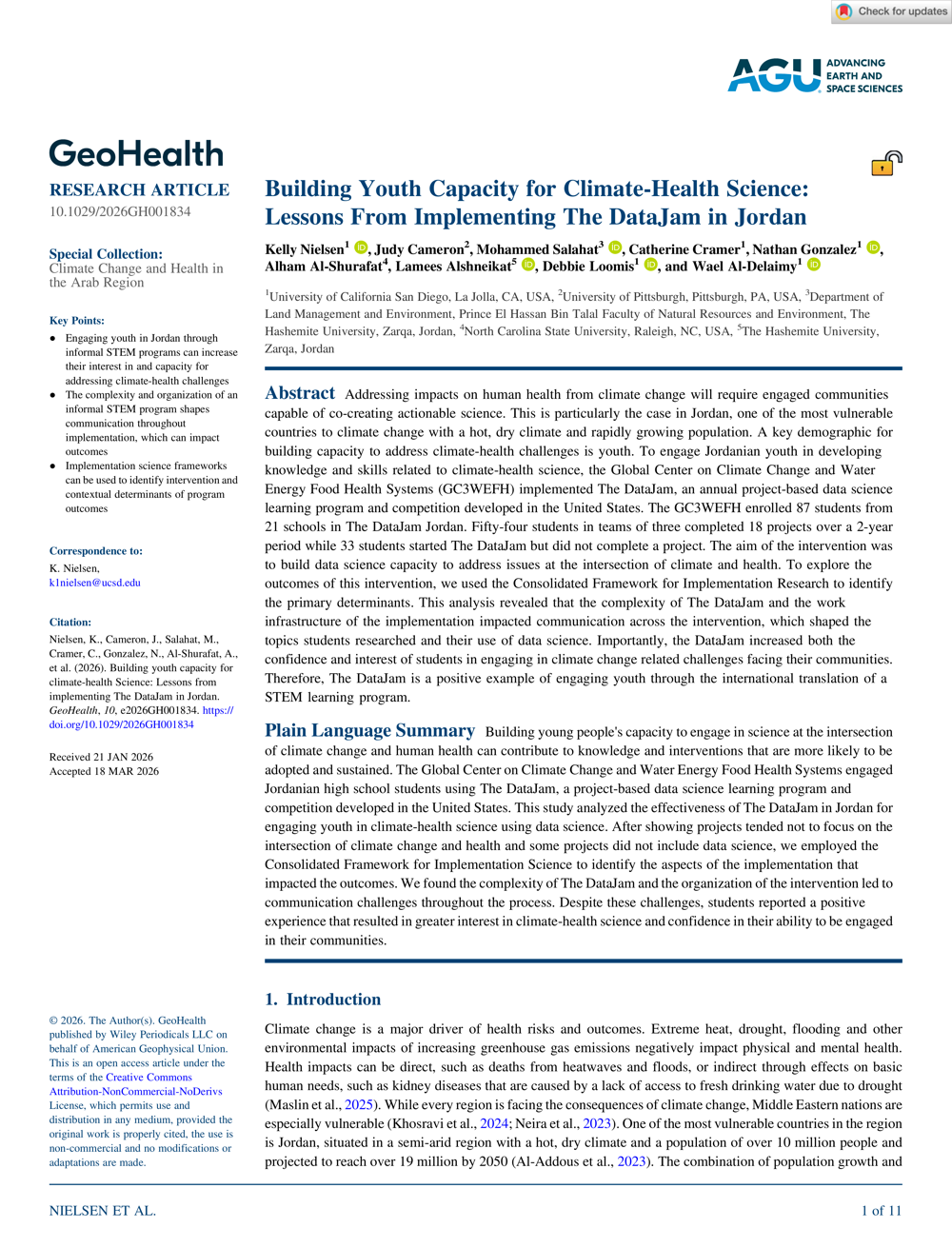 DataJam Jordan Featured in GeoHealth Journal Publication