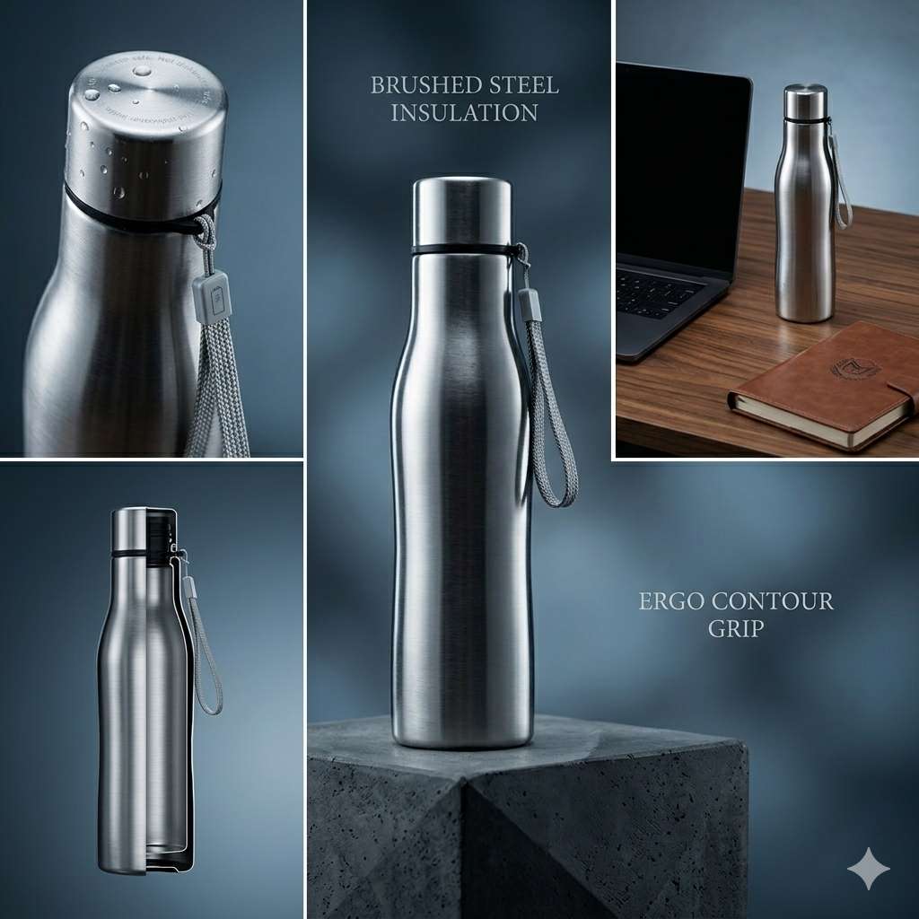 1-liter Stainless Steel Water Bottle - 1 Pair! Stylish Hydration with Easy Carry Wrist Belt for Office and College. Elevate Your Lifestyle on the Go!