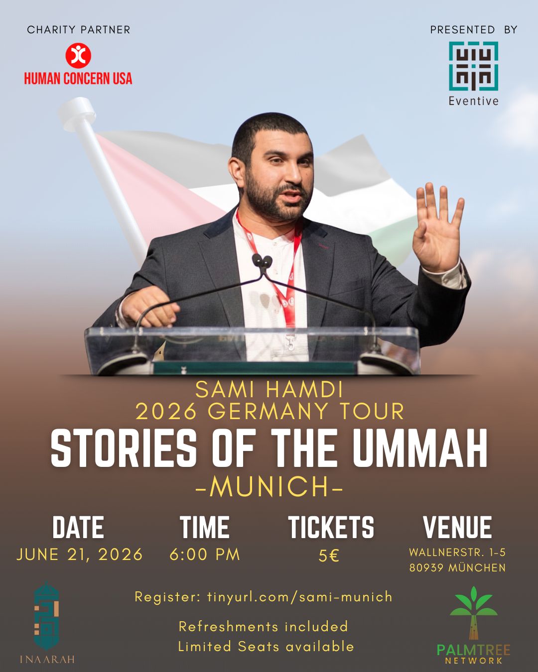 Sami Hamdi 2026 Germany Tour: Stories of the Ummah — MUNICH flyer