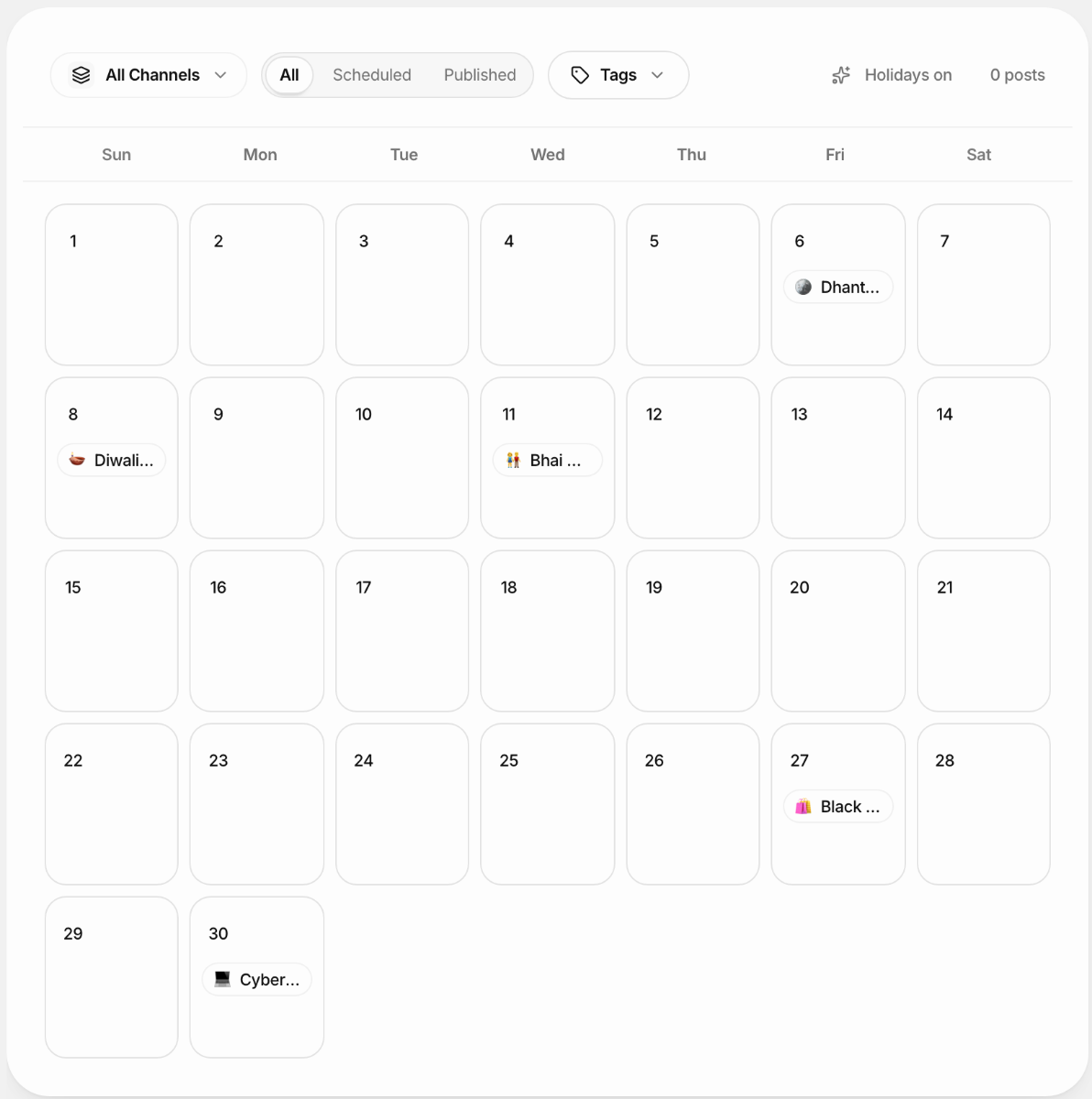 Foxli content calendar for November 2026 with Dhanteras, Diwali, Bhai Dooj and Black Friday marked