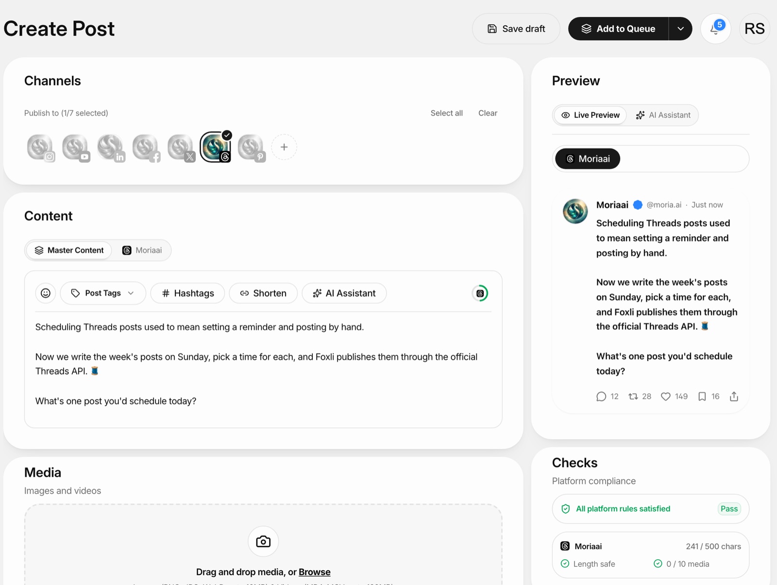 Foxli composer with only the Threads channel selected, a 241 of 500 character check and a live Threads preview
