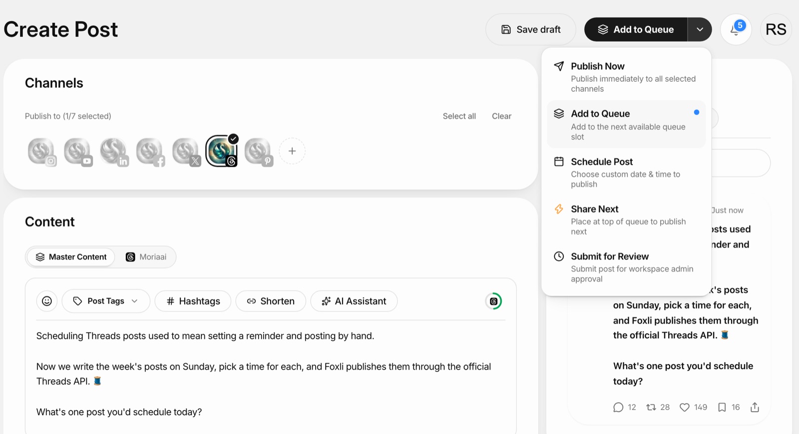 Foxli publishing menu showing Publish Now, Add to Queue, Schedule Post, Share Next and Submit for Review for a Threads post