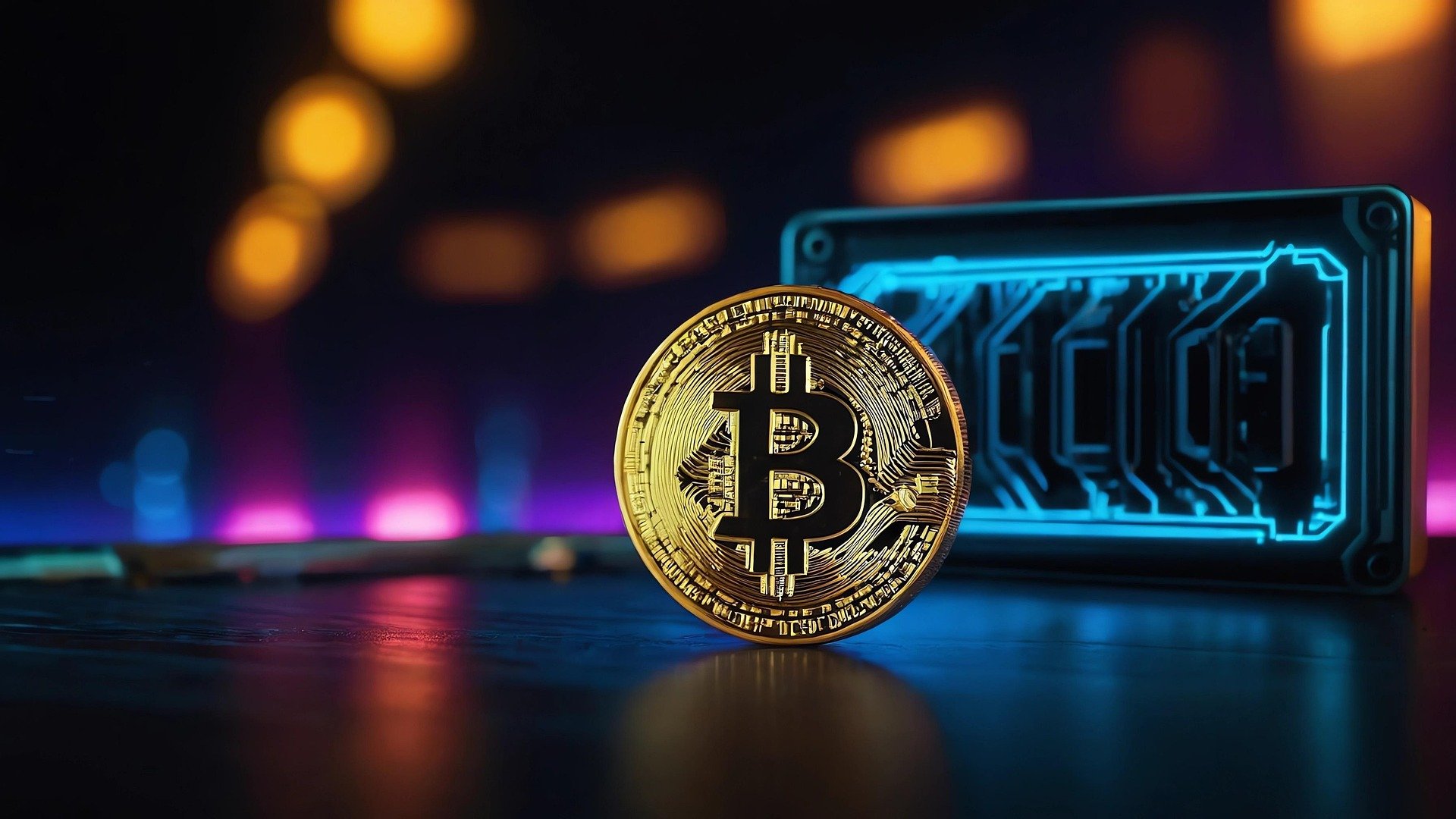 gold bitcoin coin in front of neon-lit crypto mining rig on dark surface