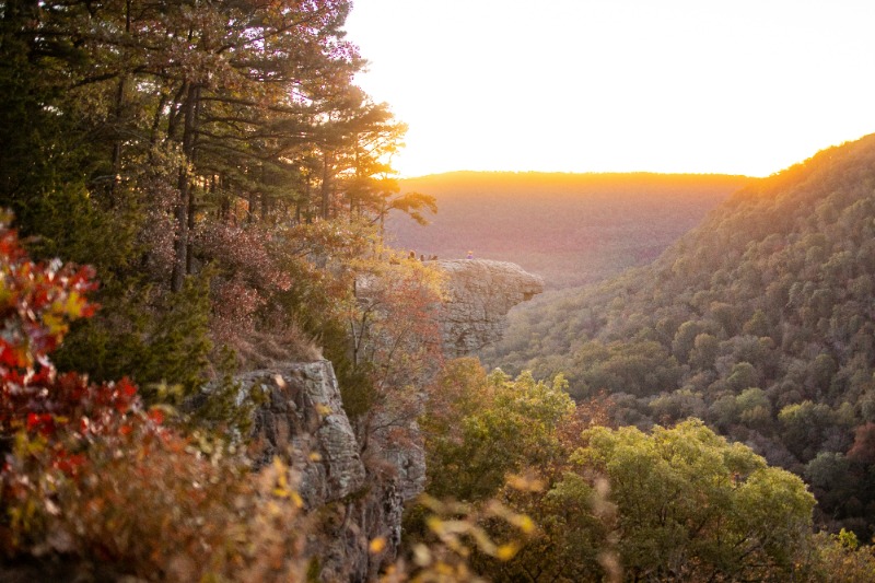 A tall waterfall cascading down rocky cliffs surrounded by autumn foliage in orange and gold