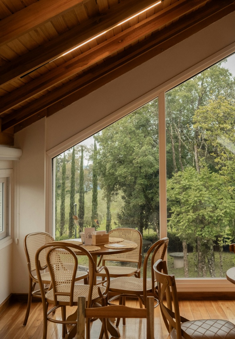 A wooden table and chairs beside a window looking out onto trees