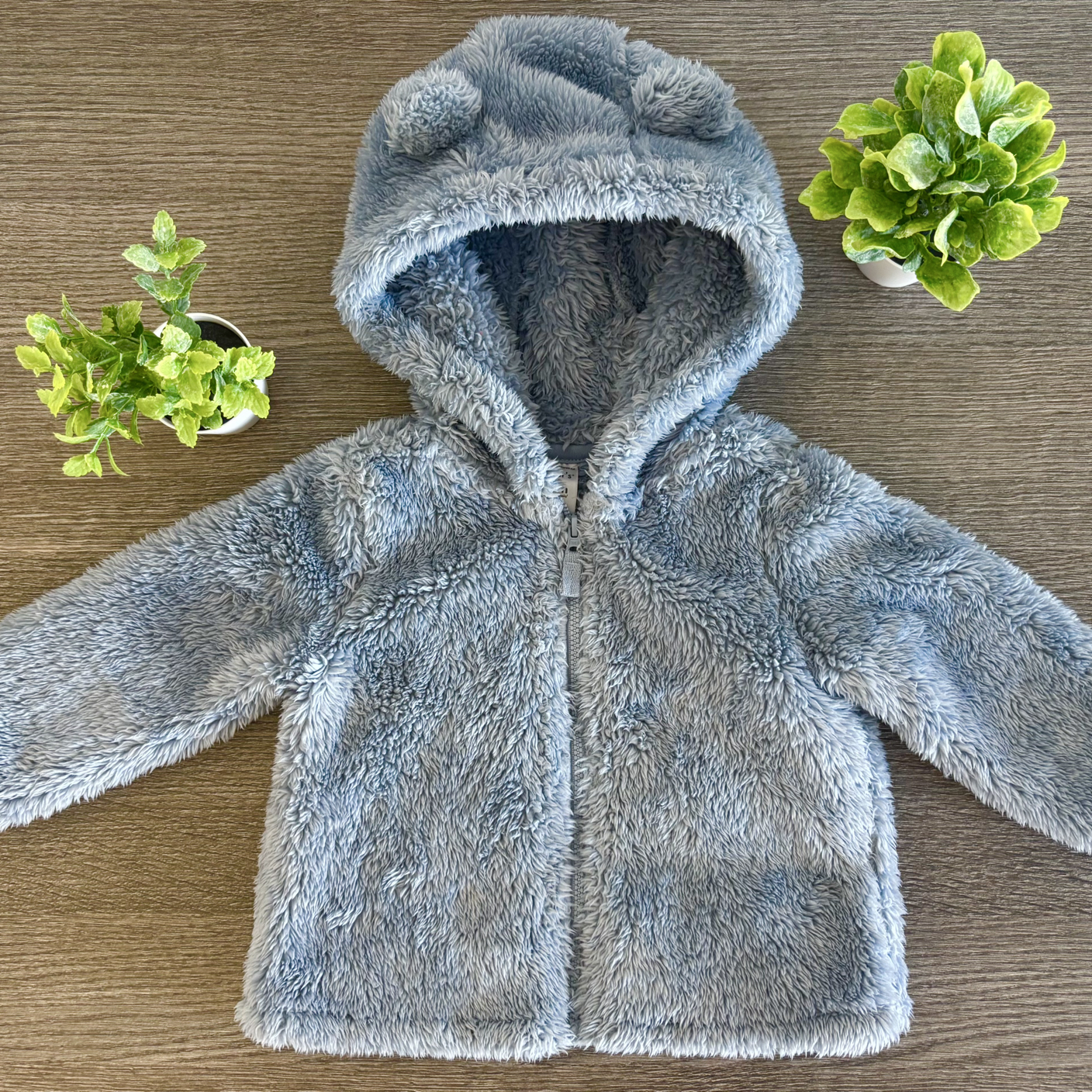 Blue-Gray Fuzzy Bear Hoodie Jacket – Sherpa Zip-Up Coat